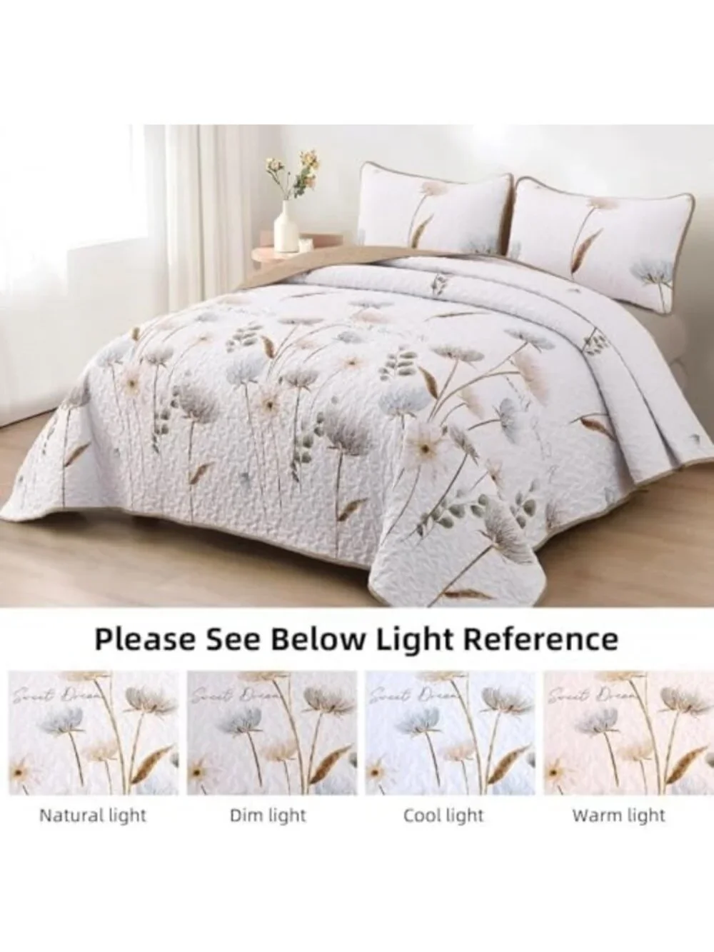 Floral Queen Quilt Bedding Set in Khaki with 2 Pillowcases - Cozy Bedspread